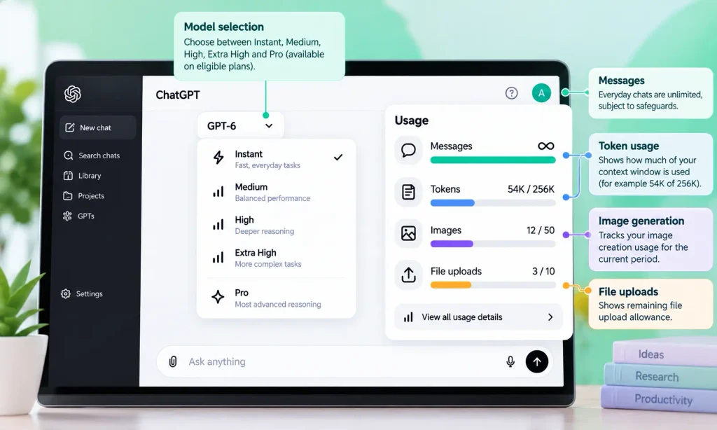 Illustration of ChatGPT usage screen showing model selection, message limits, token usage, image generation and file upload allowances