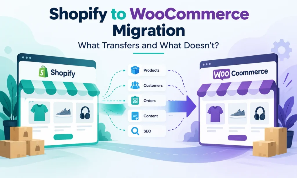 Shopify to WooCommerce migration showing transferable store data, customer accounts, orders and SEO redirects