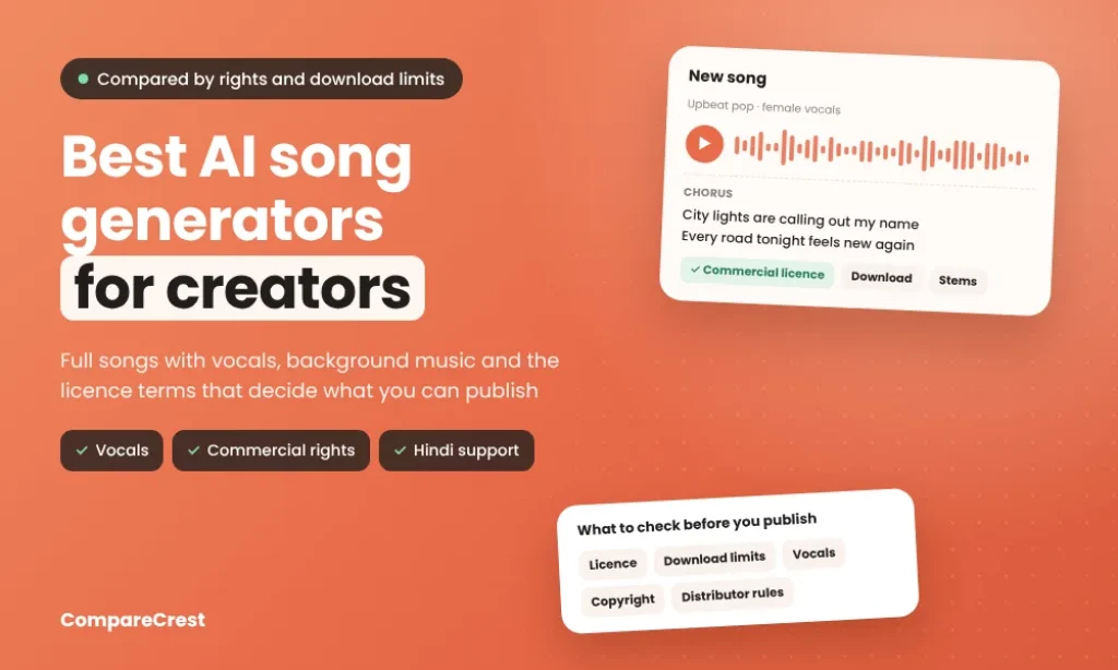 Best AI song generators: a song card with waveform, chorus lyrics and a commercial licence tag, plus a checklist of licence, download limits, vocals, copyright and distributor rules