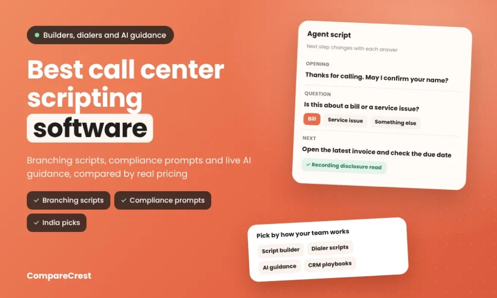 Best call center scripting software: an agent script card with branching answers and a recording disclosure check, plus tool types for script builders, dialer scripts, AI guidance and CRM playbooks